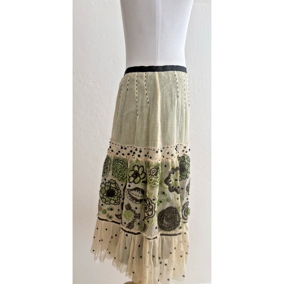 Easton Pearson Peasant Skirt S Cream Tulle Overlay Green Cotton Slip Embroidered - Picture 15 of 16
